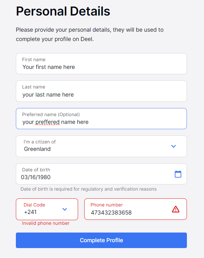 create your personal details in your deel account
